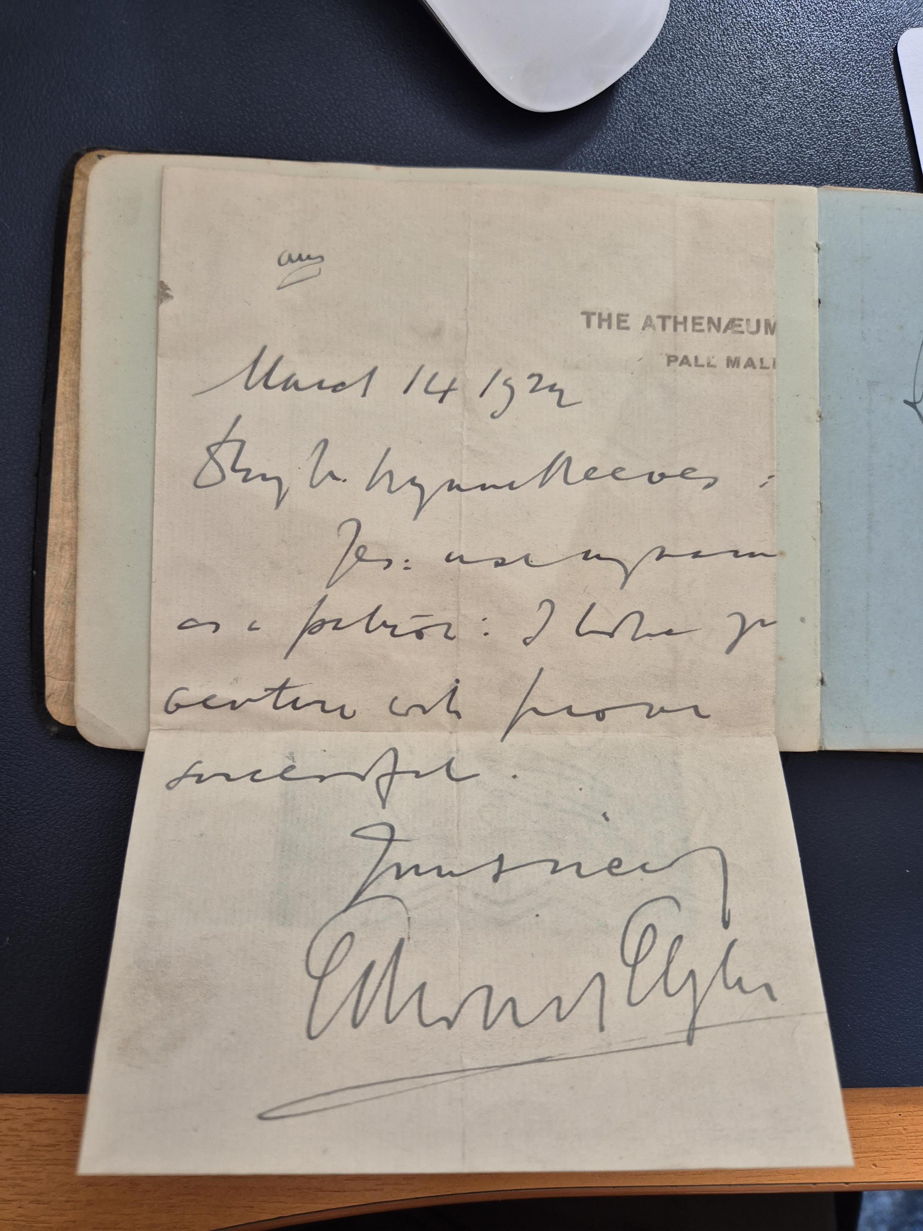 A mid 1920s autograph album containing signatures from the world of classical music, collected by Joan Wynn Reeves, daughter of the violinist and conductor Herbert Wynn Reeves, including a hand written letter from Sir Ed